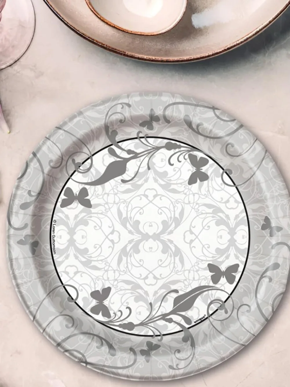 Victorian Wedding Dessert Plates, Elegant Gray Butterfly 7-Inch Paper Plates 8ct